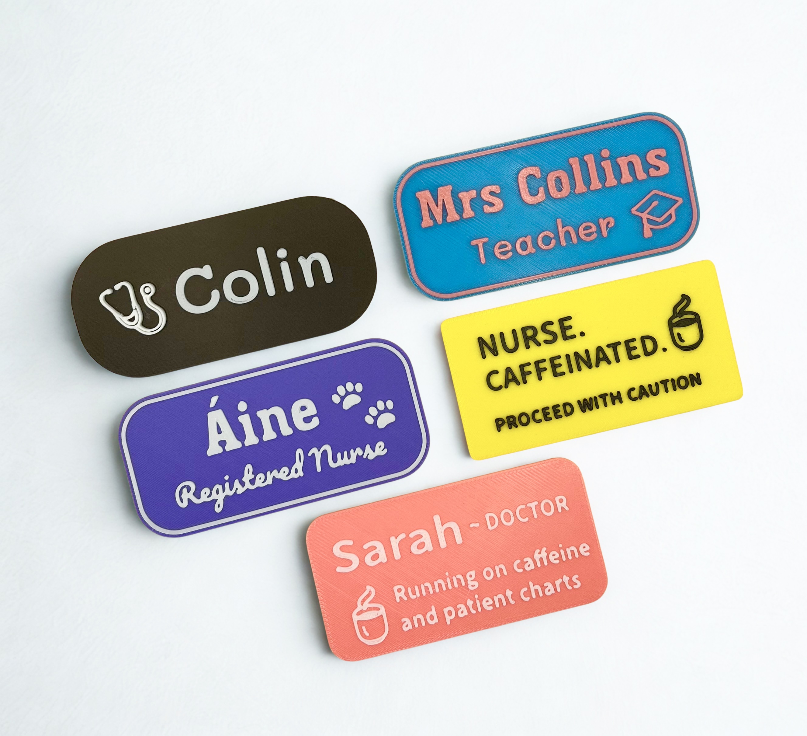 Collection of Kind Badges showing healthcare professionals with coffee themes and humor