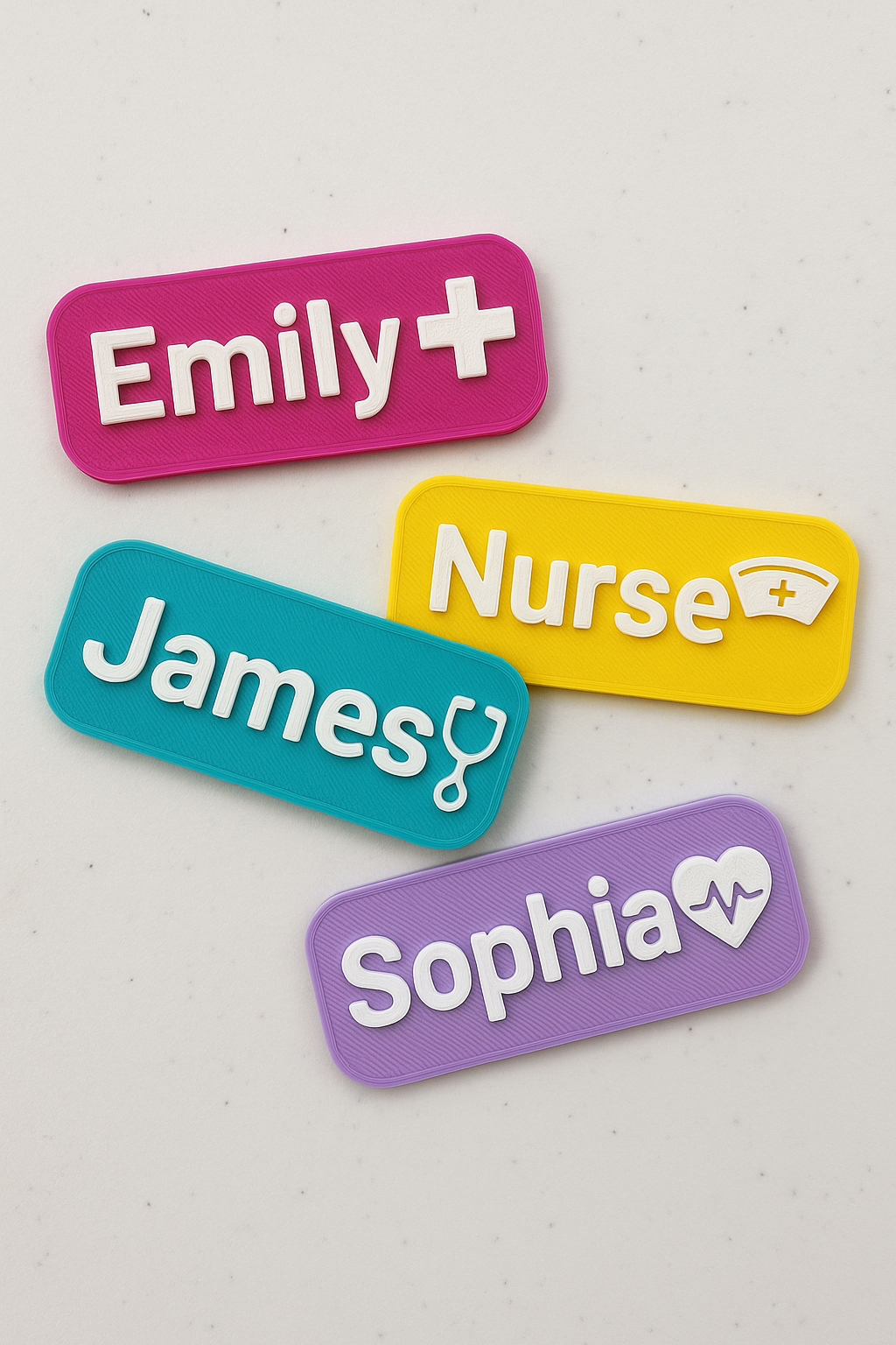 Kind Badge collection showing colourful professional name badges